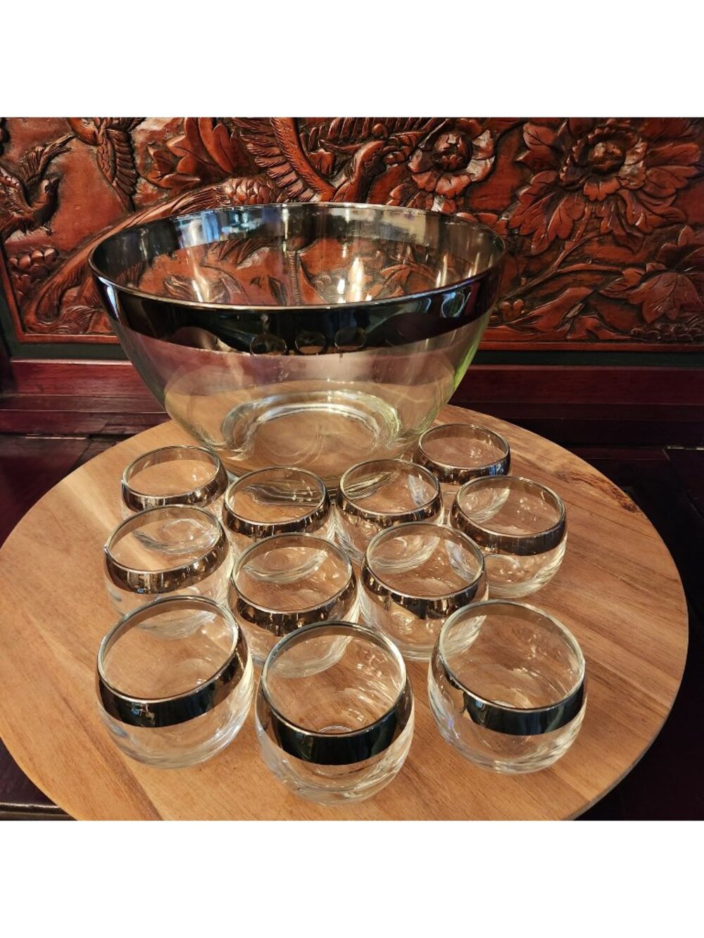 Mid Century Dorothy Thorpe Silver Band Punch Bowl Set With 12 Roly Poly Glasses